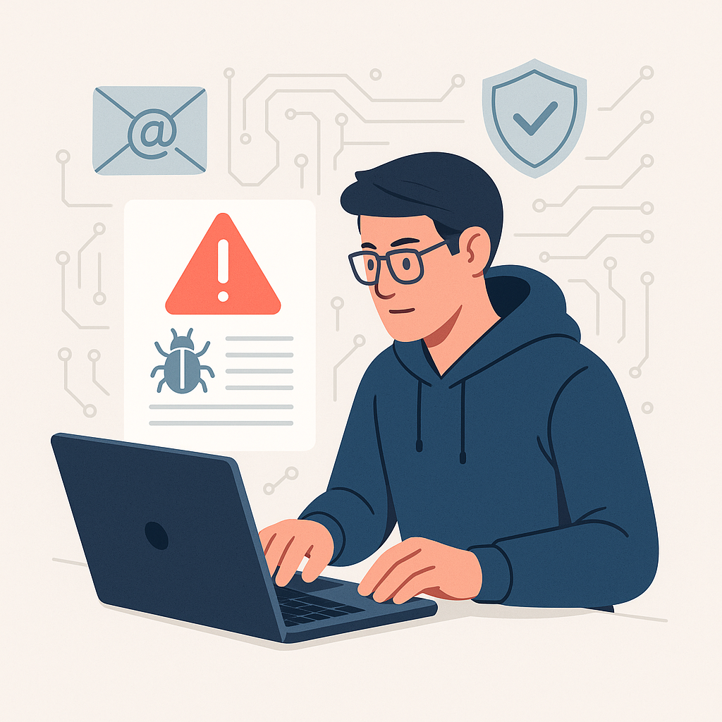 Grafische Darstellung eines Menschen an einem Laptop mit Sicherheitssymbolen um ihn herum. - Erstellt mit AI Prompt.
